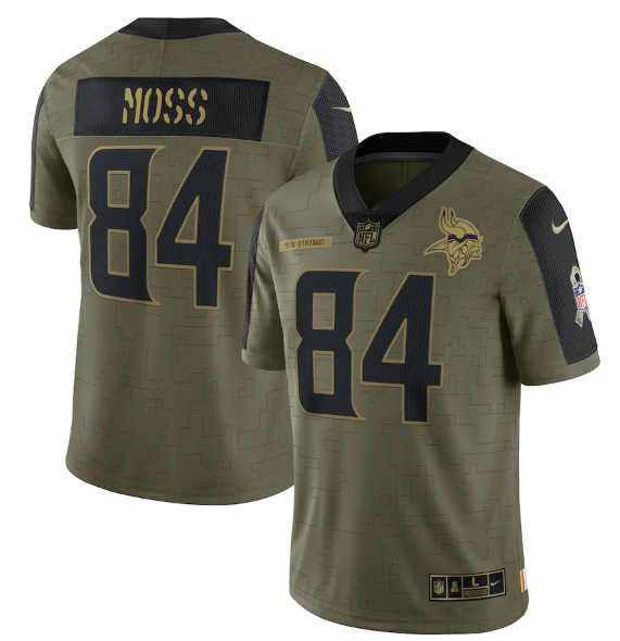 Men's Minnesota Vikings #84 Randy Moss 2021 Olive Salute To Service Limited Stitched Jersey Men's Minnesota Vikings #84 Randy Moss 2021 Olive Salute To Service Limited Stitched Jersey